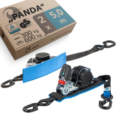 Set van 2 Premium Spanbanden met Ratel en Karabijnhaak - 5 Meter, 25mm breed - 300/600 kg - Zwart, TÜV Gecertificeerd