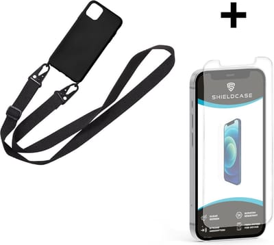 ShieldCase telefoonhoesje geschikt voor Apple iPhone 12 / 12 Pro siliconen hoesje met koord - zwart + glazen Screen Protector - Telefoonhoesje met koord - Backcover hoesje met koord