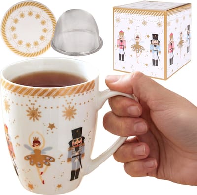 CHRISTMAS BALLERINA Theeset: porseleinen MOK 360 ml Beker met infuser en deksel VOOR KRUIDEN, FEESTELIJK ALS CADEAU