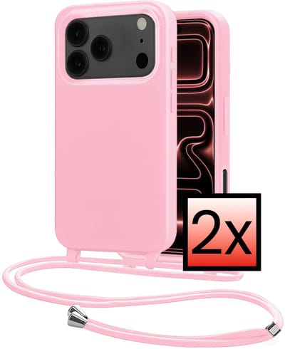 Hoes Geschikt voor iPhone 17 Pro Met Telefoonkoord - Siliconen Hoesje Backcover Met Ketting - Lichtroze - 2 PACK
