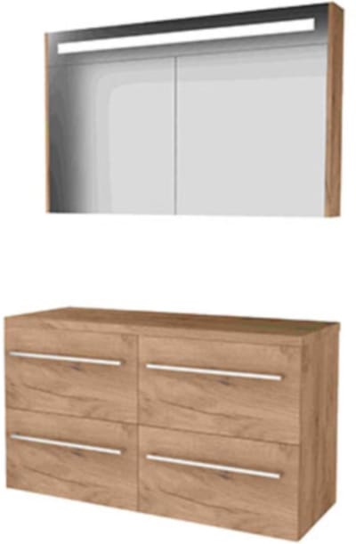 Basic-Line Premium 46 Badkamermeubelset - 120 x 46 cm - Met Grepen - 4 Lades - Wastafelblad - Spiegelkast met LED Verlichting - Whisky Oak
