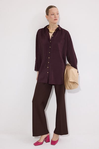 Touché Privé - Cupro blouse met gouden knopen - Pruim - Dames