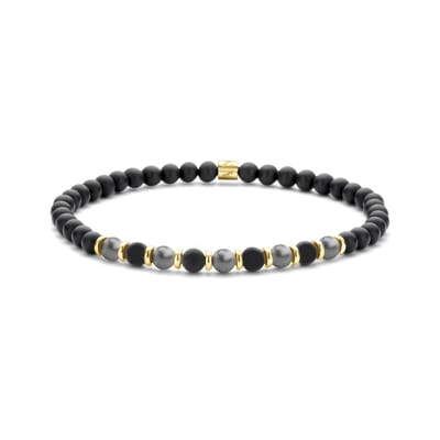Frank 1967 – Heren Armband – 7FB-0712 Kralen Armband 4mm - Hematite - Zwart Agaat - 18cm - Rekbaar - Goudkleurig