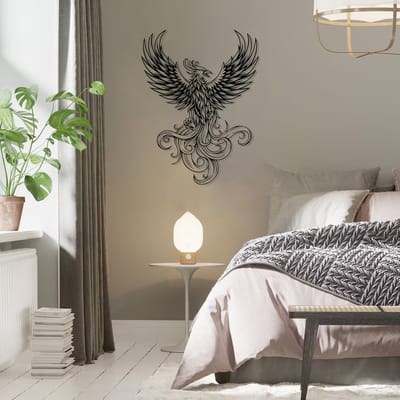Metalen Wanddecoratie Phoenix – 3D Wandkunst – Zwart – 60 x 32 cm
