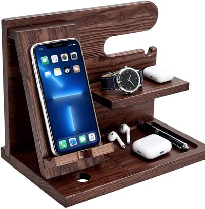 Solidchoice- Telefoonhouder Houten Dockingstation - Bureauaccessoires - Werkplek Organizer - Vintage Bruin - Duurzaam Hout - Creatief Ontwerp