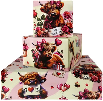 Dailygoods- Inpakpapier 4 vellen 50x70cm - Cadeaupapier Verjaardag - Cadeaupapier Bruiloft - Cadeaupapier Valentijnsdag - Geschenkverpakking Liefde - Koe Thema