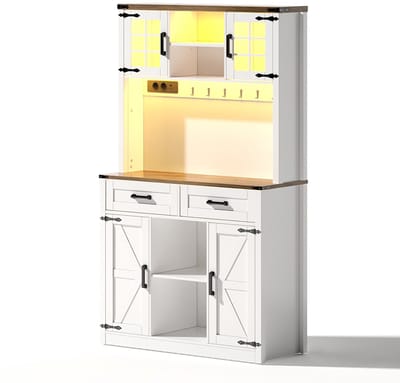 Barkast met ledverlichting en stopcontacten, grote keukenkast met 2 grote lades, schuifdeurdesign, verstelbare planken, rustieke salontafel/dressoir, wit