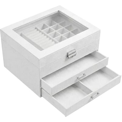 Ochama JOYFURNOS Sieraden Organizer Doos met Glazen Deksel, Afsluitbare Opbergbox voor Kettingen, Ringen, Oorbellen, Cadeau, Wit