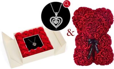 Bloemen & Rozenbeer & Silverplated Hartjes Ketting | Ketting Dames |Sieradendoos | Vrouw | Vriendin | Moeder | Dochter | Verjaardag | Cadeau | Geschenkset Vrouwen | Juwelendoos | Rozenblaadjes | Geschenkdoos |