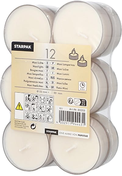 12x 12 Maxi theelichten Ø 57 mm · 21 mm wit · ca. 8 uur branduren in behuizing van polycarbonaat