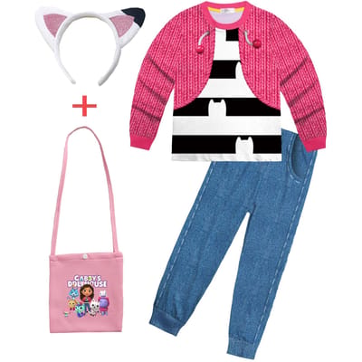 Baby Meisjes Gabbys Dolhouse Kinderen Kostuum Pyjama Gabby Kat Lange Mouw T-shirt+Broek Hoofdband Set Kinderen Halloween Nachthemden 110(3-4Y) gray