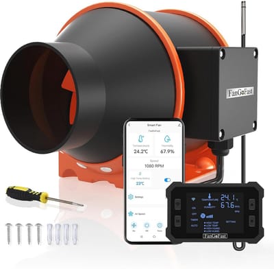 100 mm App-Gestuurde Kanaalventilator met Temperatuur- en Vochtigheidsregelaar - Ideaal voor Tenten, Kassen en Kweekruimtes