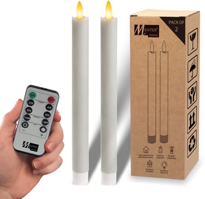 Meisterhome® LED Dinerkaarsen Set van 2 – LED kaarsen – Rustiek Grijs – 23 cm – Echt Wax – Met Afstandsbediening – Dimbaar – Timer 2/4/6/8 uur