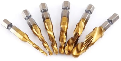 Set van 6 HSS boor- en tapbithouders met hexagonale shank voor koper, kunststof, hout en aluminium - M3, M4, M5, M6, M8, M10