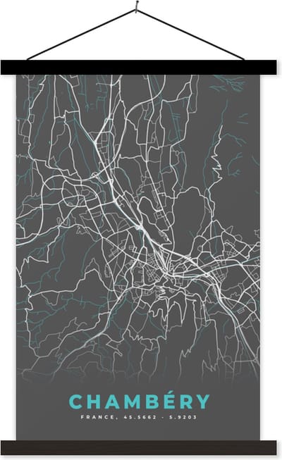 Posterhanger incl. Poster 40x60 cm - Schoolplaat - Chambéry - Plattegrond - Kaart - Stadskaart - Frankrijk - Textielposter - Zwarte latten - Stadskaart