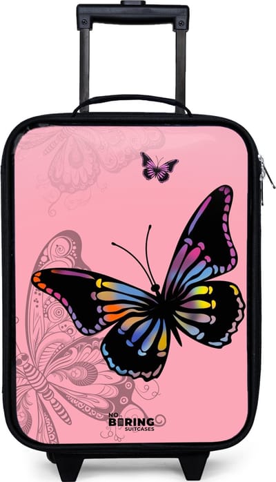 NoBoringSuitcases.com® - Kinderkoffer jongen - Kindertrolley meisje - Bubblegum butterfly - Koffer kind lichtgewicht - Reiskoffer trolley voor kinderen - Koffertje met lichtgevende wieltjes - Rolkoffer zwart