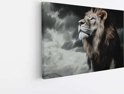 Saammp Canvas Schilderij - Leeuw met storm - Dieren - Natuur - 45x30 - Foto op canvas - Wanddecoratie - Muurdecoratie Woonkamer - Slaapkamer decoratie - Canvas Print