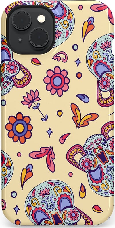 Casetastic hoesje geschikt voor Apple iPhone 15 Plus - MagSafe - Dubbellaagse bescherming - Dia de los Muertos Doodshoofd Bloemen - Fashion Case - Crème Lila Zilver