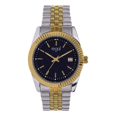 Lucardi Heren Regal horloge bicolor met blauwe wijzerplaat - Horloge - Staal - Multi - 35.60 mm