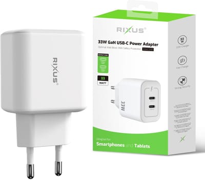 Rixus RXHC33D GaN Double USB-C Power Adapter 33W White
