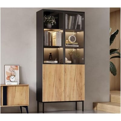 ModernLuxe Vitrinekast - met LED-verlichting - met 2 glazen deuren - Zwart + Natuurlijk