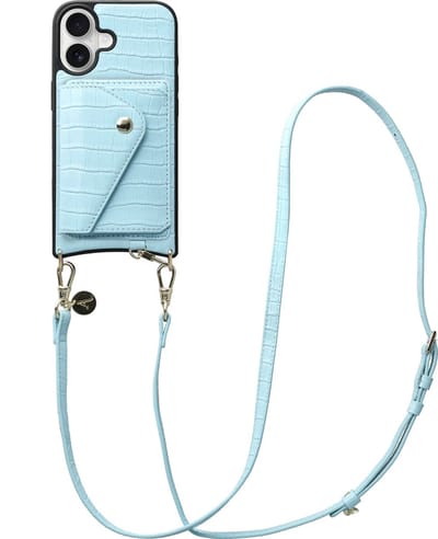 AVY Leren Hoesje geschikt voor Apple iPhone 17 | Met Koord en Kaarthouder | Compatibel met MagSafe | Leather Case met Crossbody Koord & Wallet | Long Leather | Croco Blauw