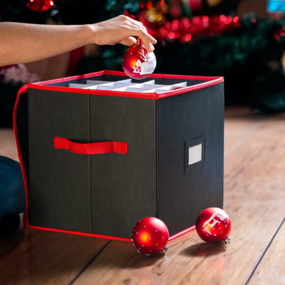 Famanu - Rode en zwarte kerstbal opbergdoos V2 kubus met vakken voor maximaal 64 kerstballen, kerstversieringen en zolderdecoratiecontainer 33 x 33 cm