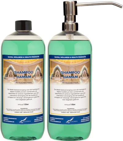 Shampoo Hamam 1 liter met luxe RVS zilverkleurige pomp - set van 2 stuks - voordeelverpakking - haarverzorging