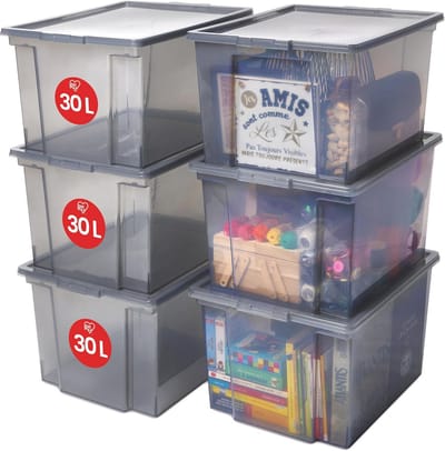 Set van 6 stapelbare opbergdozen 30L met deksel voor garage, slaapkamer, en woonkamer - Grijs