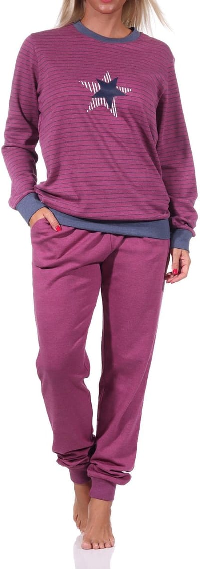Knuffel interlock damespyjama met lange mouwen, manchetten en stermotief - ook in oversize