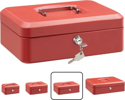 Elegant Stalen Geldkistje 25 cm Breed | Afsluitbaar Geldkluisje met Legbord | Geldkist met Sleutel en Inzet voor Munten | Kassa | Rood