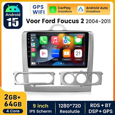 HexinexMarket Quad-Core autoradio Geschikt voor Ford Focus 2 (2004-2011) - Draadloos CarPlay, Android Auto,GPS Navi, RDS, Android 15, multimediaspeler, 2GB+64GB