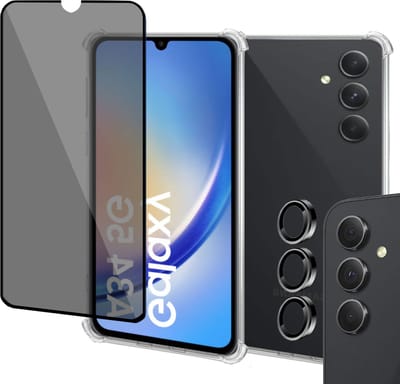 Geschikt voor Samsung A34 Hoesje + Privé Screenprotector + Camera Beschermglas - Privacy Tempered Glass - Case Transparant