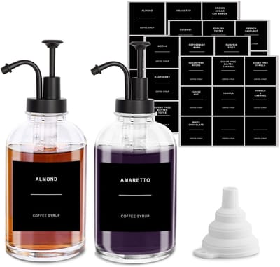 Omgoods- Siroopdispenser set 500 ml - Glazen siroopfles - Pompdispenser - Inklapbare trechter - Waterdichte etiketten - Voedselveilig kunststof
