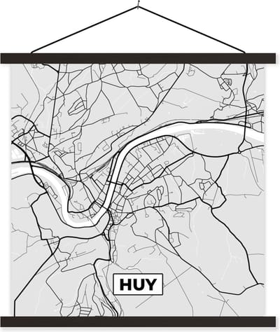 Posterhanger incl. Poster 60x60 cm - Schoolplaat - Stadskaart – Plattegrond – België – Zwart Wit – Huy – Kaart - Textielposter - Zwarte latten - Stadskaart
