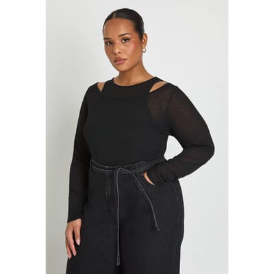 boohoo Dames Plus 2-in-1 gelaagde racer nek top met lange mouwen | Black | Maat: 16