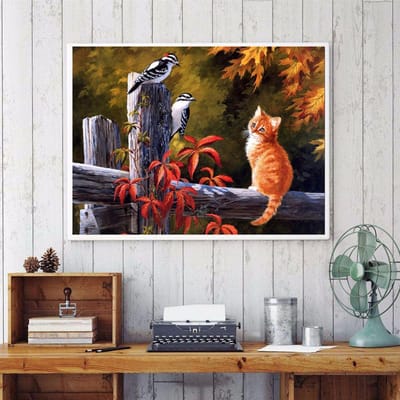Ronde Boor 5D Doe-het-zelf Diamantschilderij  Kat en Vogels  Borduurwerk Kruissteek 3D Home Decor 20X30CM black