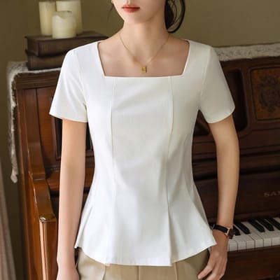 T-shirt à manches courtes pour femmes en été Nouveaux vêtements pour femmes T-shirt en coton uni à col carré rétro Haut à taille parapluie français 2XL white