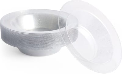Matana – 25 Plastic Kommen, 360ml – Met Zilveren Glitter – Herbruikbaar & Stevig – Voor Bruiloften, Verjaardagen & Feesten