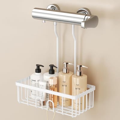 Hangende Doucherek Zonder Boren, Shampoo- en Zeepdispenser, RVS Badkameropbergoplossing, 30 x 13 x 8.5 cm, Wit, Ruimtebesparend en Waterdicht