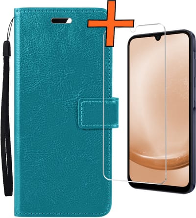 Hoes - Met Screenprotector - Geschikt voor Samsung Galaxy A25 - Luxe Pasjeshouder - Bookcase Portemonee - Flip Case - Kunstleer Book Case - Flipcase - Book Cover - Walletcase - PortemonneeHoes - Turquoise