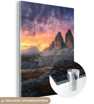 MuchoWow® Glasschilderij 30x40 cm - Schilderij acrylglas - Rotsen - Berg - Zonsondergang - Landschap - Foto op glas - Schilderijen