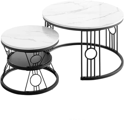 REDOM Salontafel Set van 2 – Ronde Salontafel – Marmerlook Blad & Stevig Zwart Metalen Frame – Moderne Nesttafels voor Woonkamer – Ruimtebesparend Design – Zwart