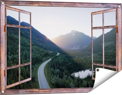 Gards Tuinposter Doorkijk Weg Door het Bergen Landschap - 90x60 cm - Tuindoek - Tuindecoratie - Wanddecoratie buiten - Tuinschilderij
