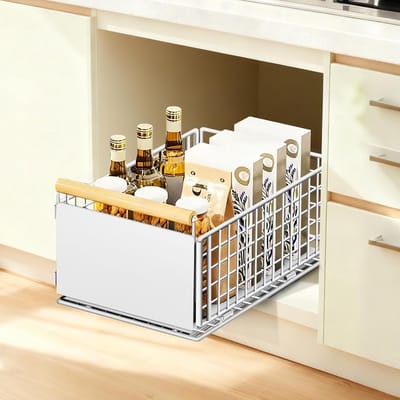 Uittrekbare Keukenlade, Telescopisch Systeem zonder Boren, Organisator voor Diepe Kasten, Tot 25kg, 39.5x23.5x19cm, Ideaal voor Keukenopslag en Ruimtebesparing