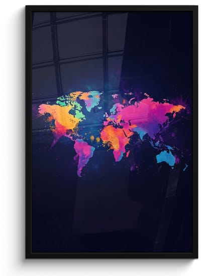 Poster in lijst - Fotolijst 60x90 cm - Posters - Wereldkaart - Kleurrijk - Graffiti - Posterlijst zwart - Decoratie - Wanddecoratie woonkamer - Muurdecoratie slaapkamer