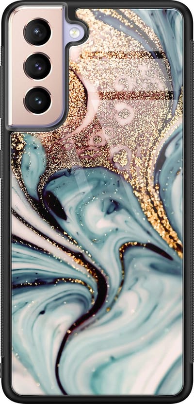 Hoesje geschikt voor Samsung Galaxy S21 - Marmer blauw goud - Luxe Glazen Hardcase - Marmer - Blauw