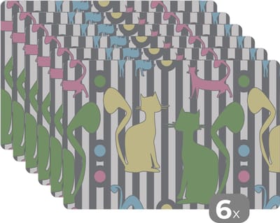 Placemat - Placemats kunststof - Katten - Pastel - Dieren - 45x30 cm - 6 stuks - Hittebestendig - Anti-Slip - Onderlegger - Afneembaar
