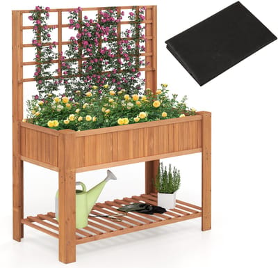 COSTWAY Verhoogd bloembed met latwerk en plank, bloembed met afvoergaten, tuinbed, plantenbak, hout, bloembak met rankrooster voor klimplanten, tuin, balkon, terras, 116 x 59 x 150 cm (bruin)