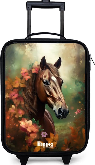 NoBoringSuitcases.com® - Kinderkoffer jongen - Kindertrolley meisje - Bruin paard tussen de bloemen - Koffer kind lichtgewicht - Reiskoffer trolley voor kinderen - Koffertje met lichtgevende wieltjes - Rolkoffer zwart